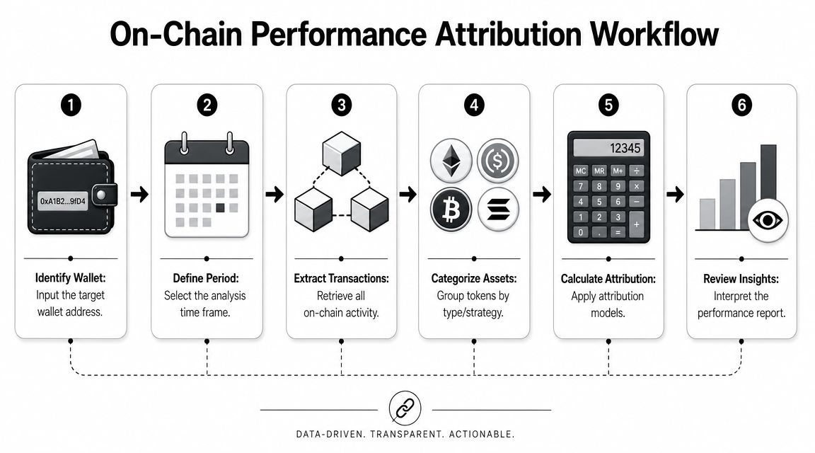 A six-step infographic illustrating the sequential workflow for performing on-chain digital asset performance attribution.