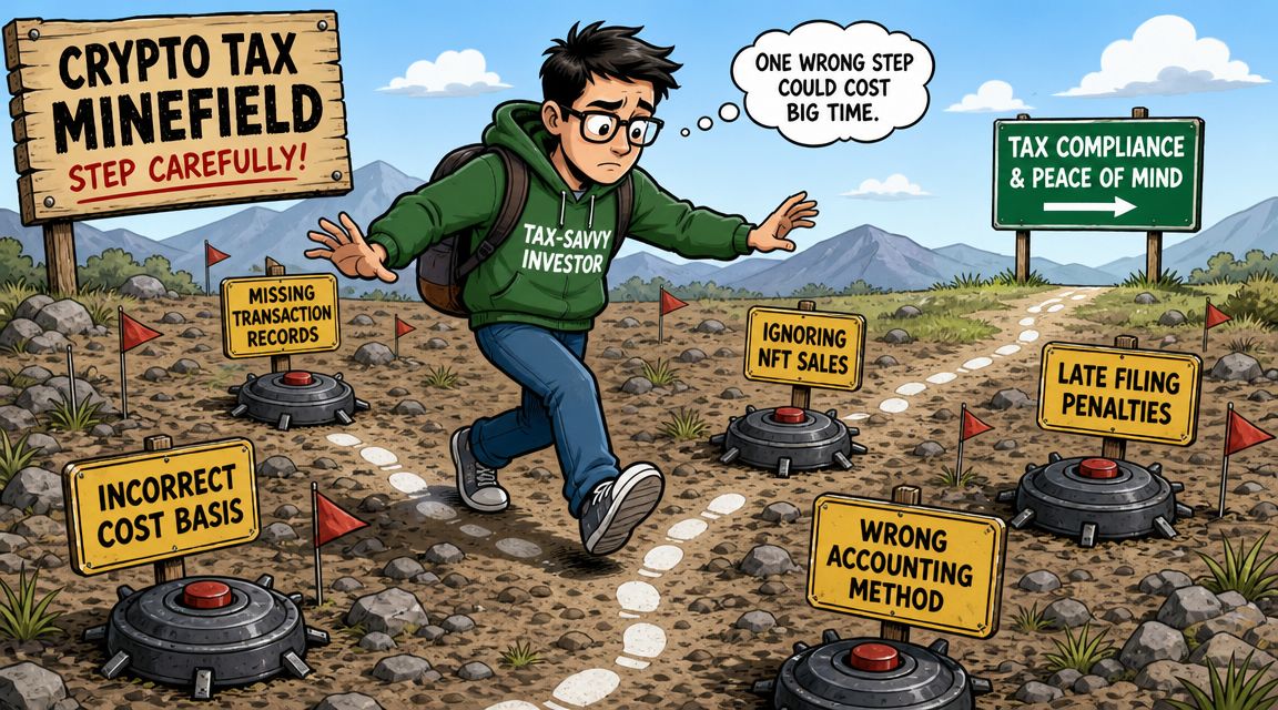 A cartoon investor navigating a minefield of common crypto tax errors labeled with financial warnings.
