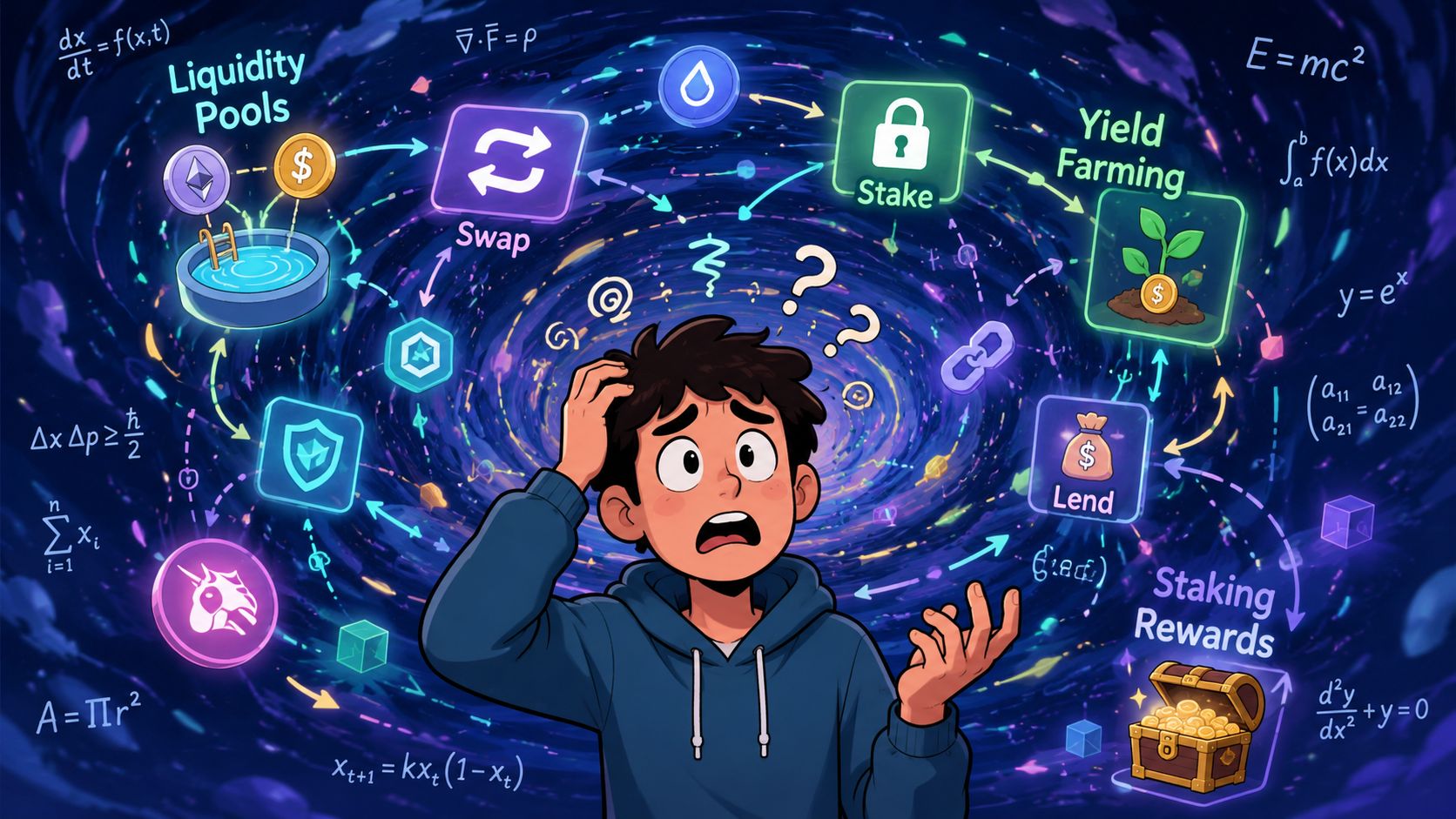 A confused person surrounded by complex cryptocurrency financial concepts like liquidity pools, staking, and yield farming graphics.