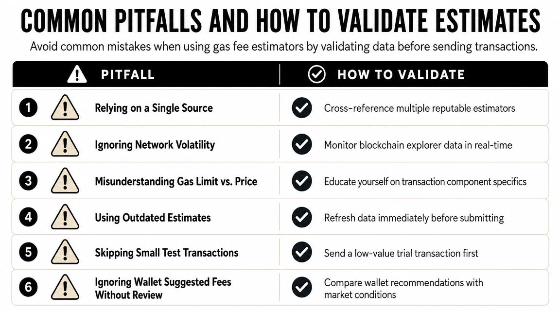 A table outlining six common pitfalls when estimating cryptocurrency gas fees and how to validate these transaction costs.