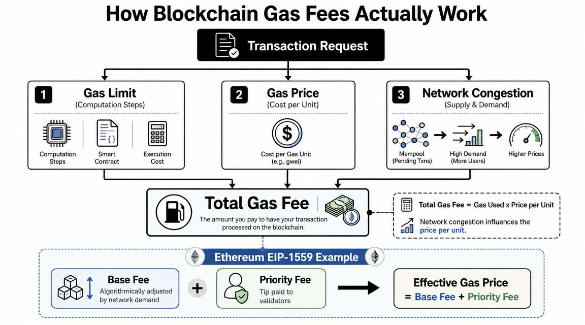 A diagram explaining how blockchain gas fees are calculated using gas limits, prices, and network congestion.