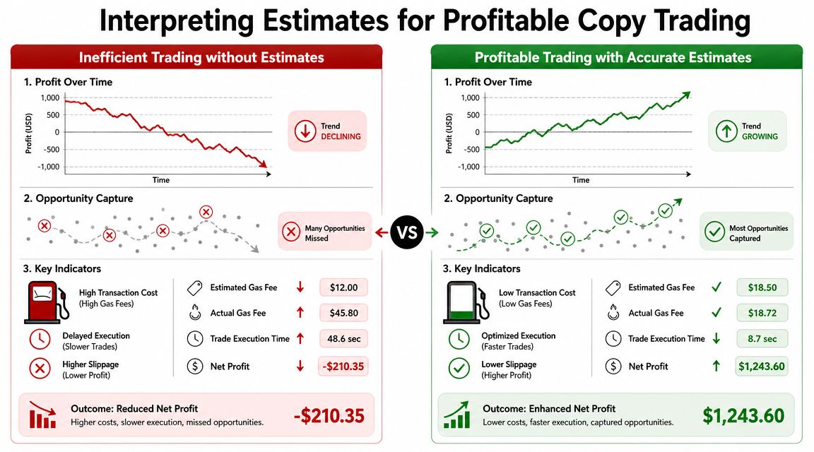 A comparison infographic showing how accurate gas fee estimates lead to profitable copy trading versus inefficient trading.