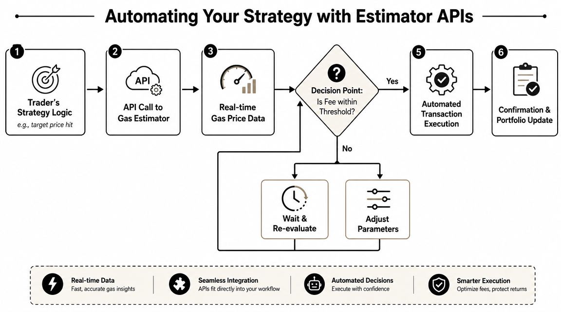 A diagram illustrating the automated cryptocurrency trading strategy workflow using a gas fee estimator API.