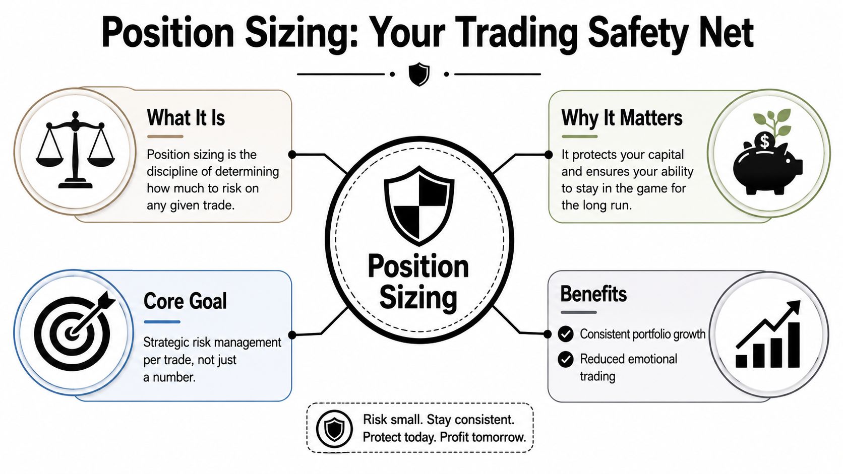 An educational infographic explaining the concept, importance, and benefits of position sizing for effective trading risk management.