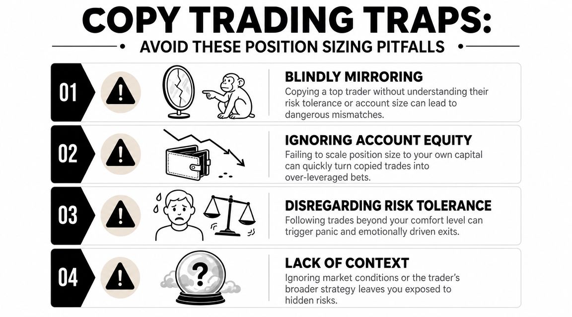 An infographic titled Copy Trading Traps showing four common position sizing mistakes to avoid for traders.