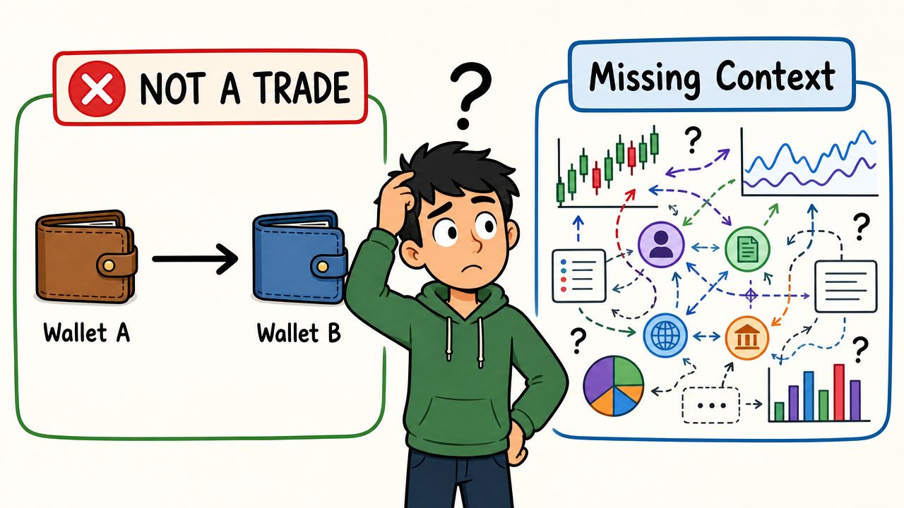 A confused person comparing a simple wallet transfer to a complex, unclear trading context with many variables.