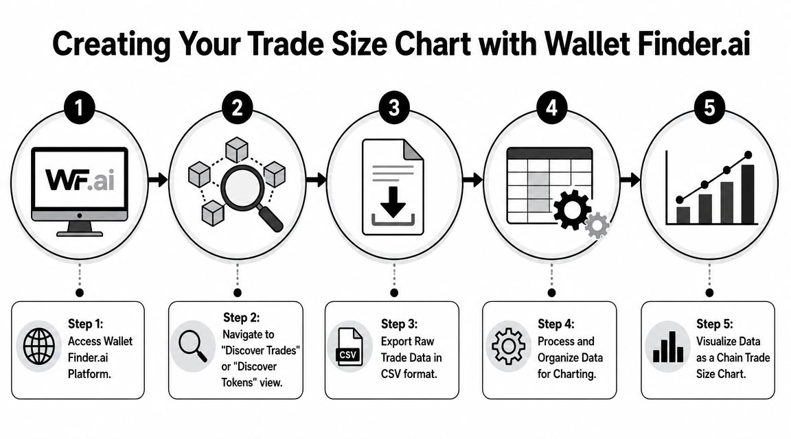 A five-step infographic explaining how to create a trade size chart using the Wallet Finder platform.