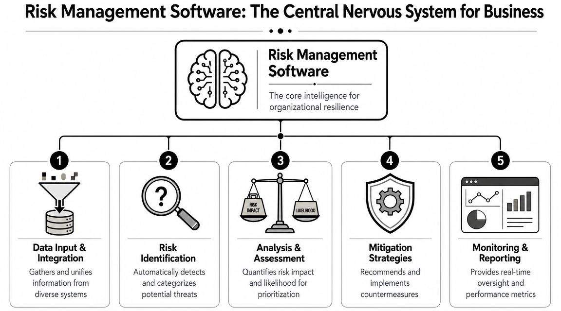 An infographic showing the five core stages of enterprise risk management software functionality from data to reporting.