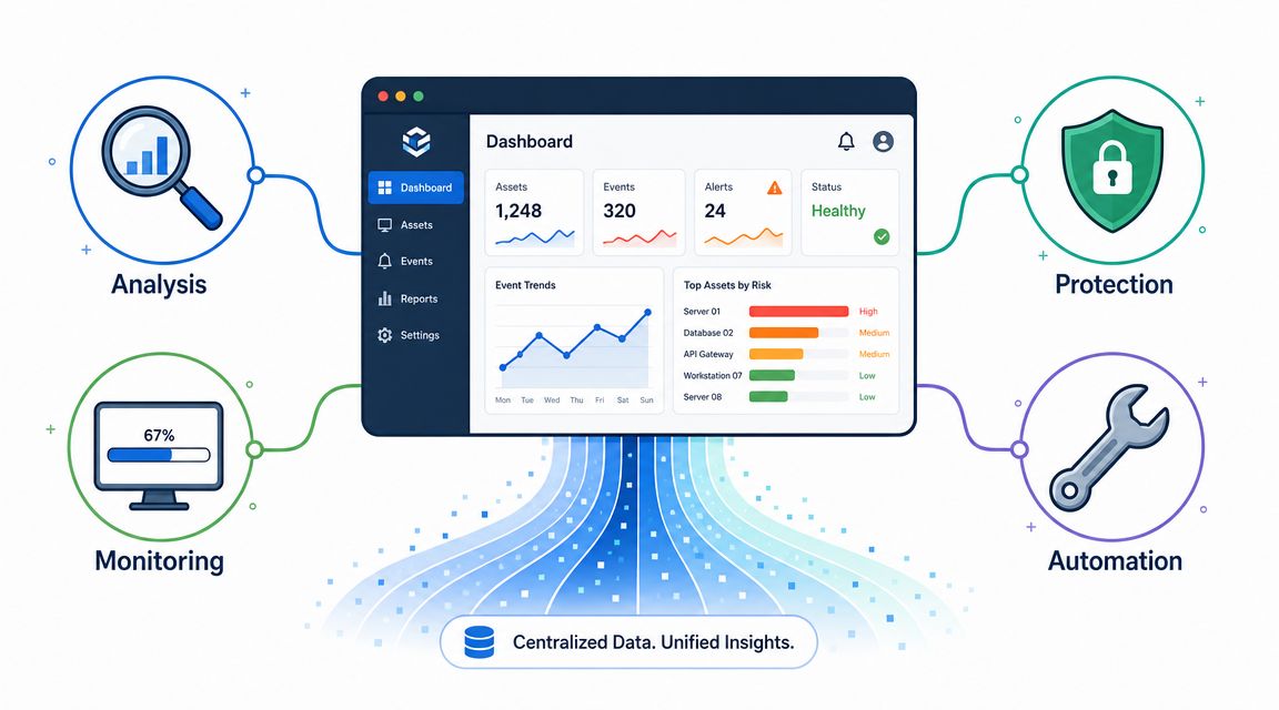 A digital dashboard showing security monitoring, data analysis, threat protection, and automated risk management tools.