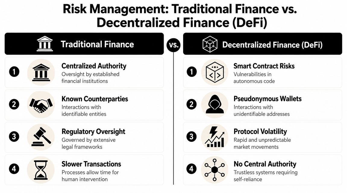 A comparison chart outlining key differences in risk management between traditional finance and decentralized finance.