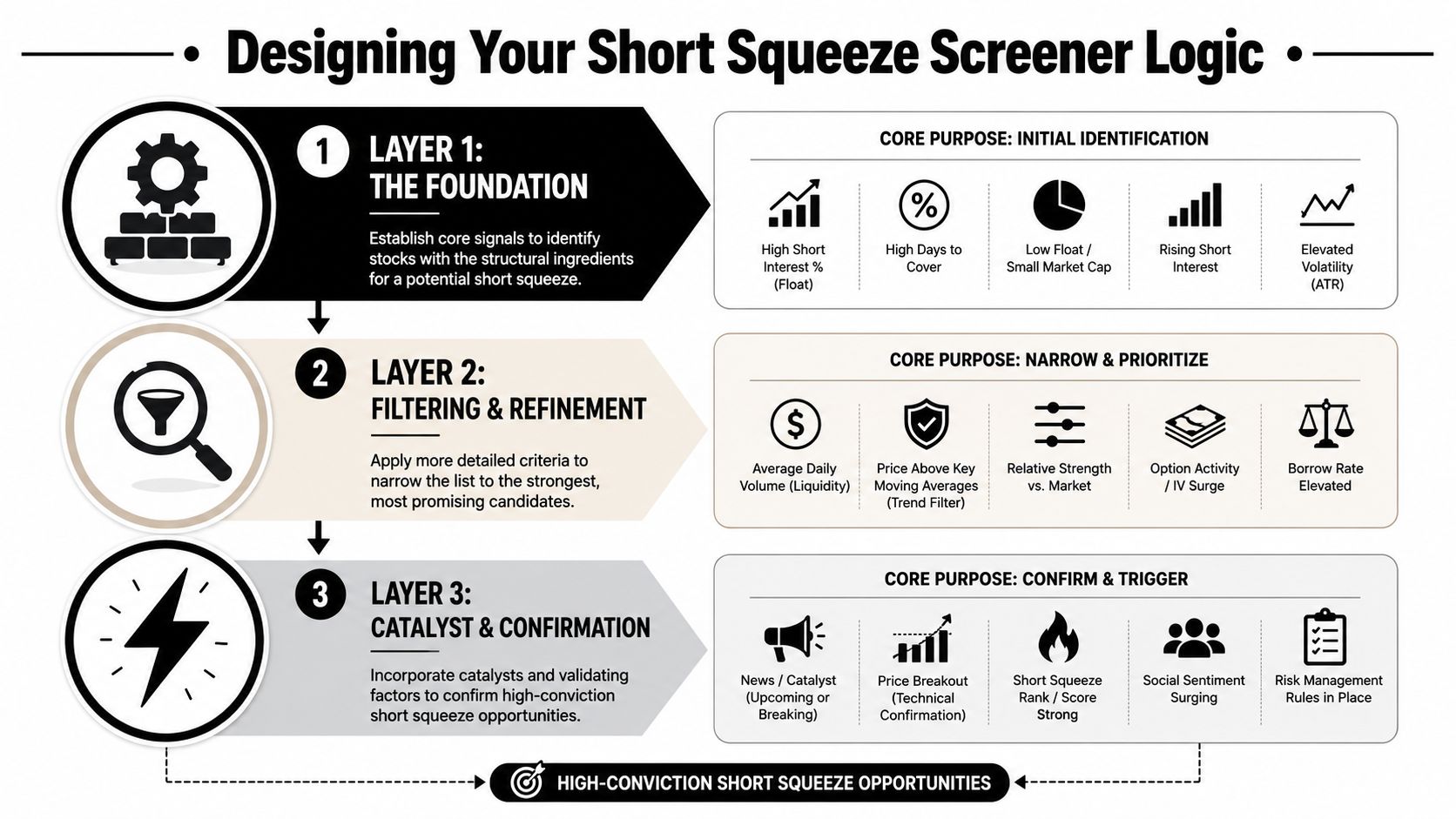 A flowchart detailing a three-layer strategy for designing a professional stock short squeeze screener system.