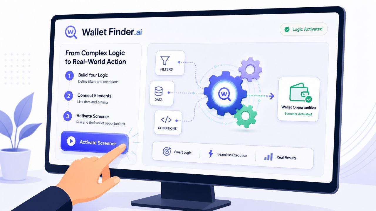 A digital interface demonstrating the Wallet Finder AI platform process for identifying automated wallet trading opportunities.