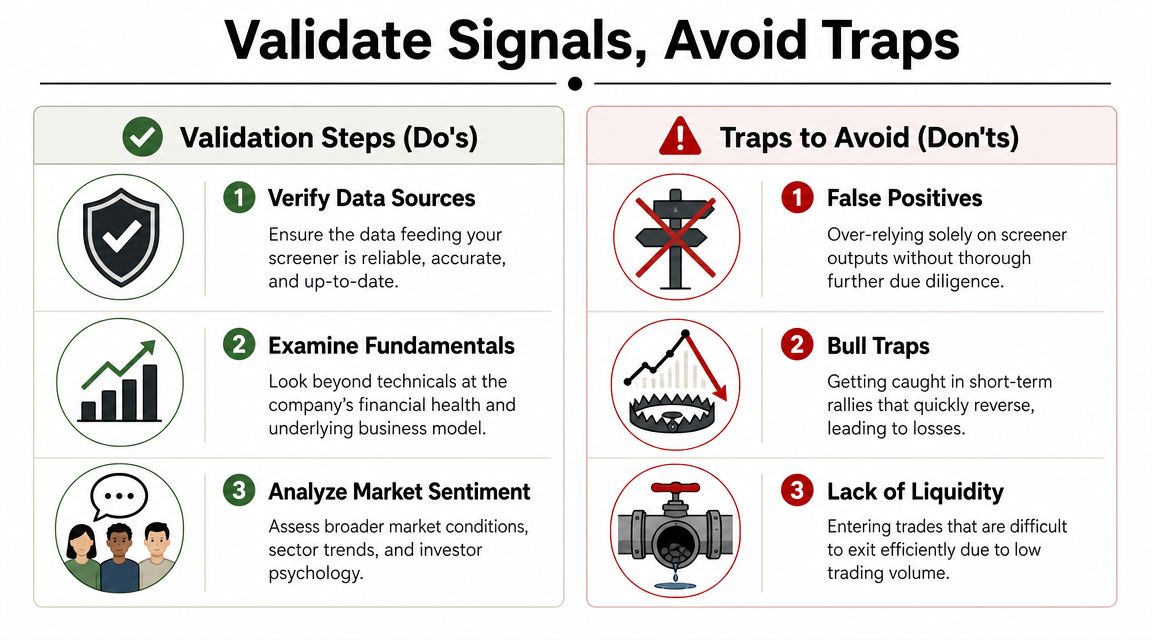 An infographic titled Validate Signals, Avoid Traps, outlining three validation steps and three investment traps to avoid.