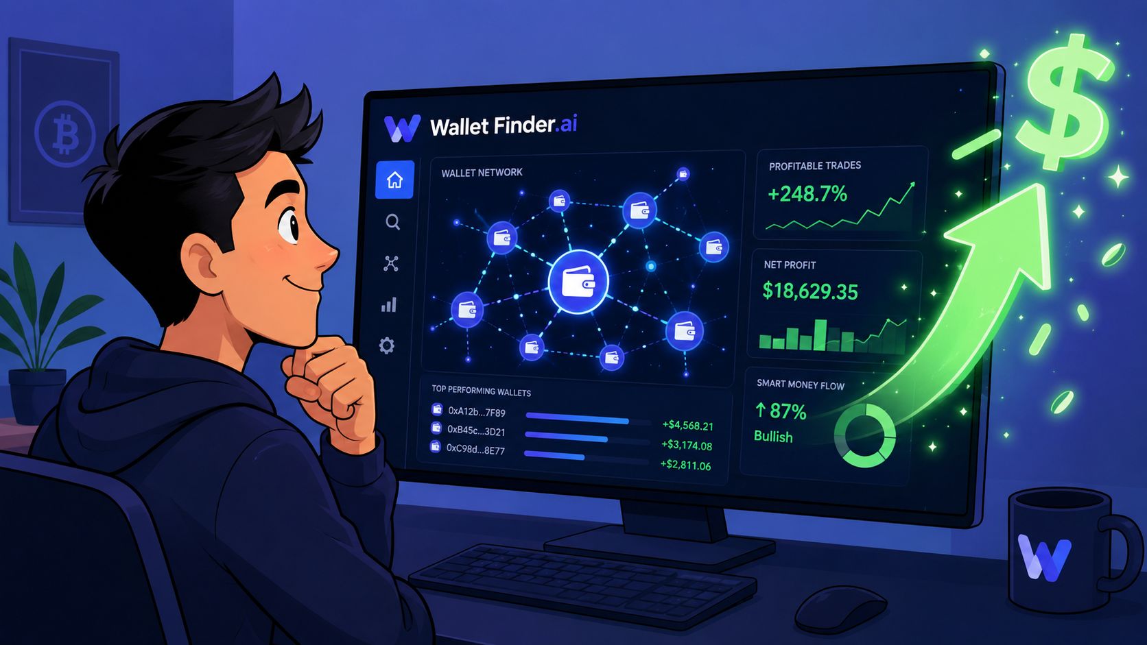 A young man looking at a digital crypto wallet dashboard showing profit growth and performance charts.