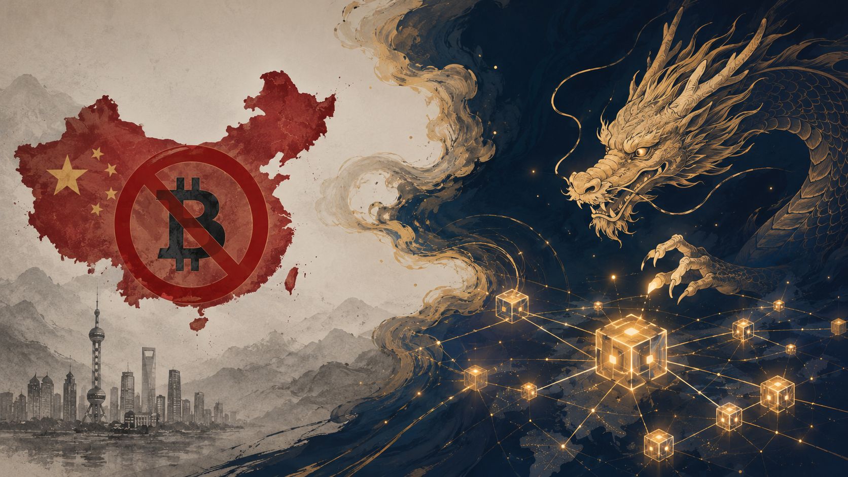 A digital illustration showing a map of China with a Bitcoin prohibition sign and a dragon, representing Chinese crypto regulation.