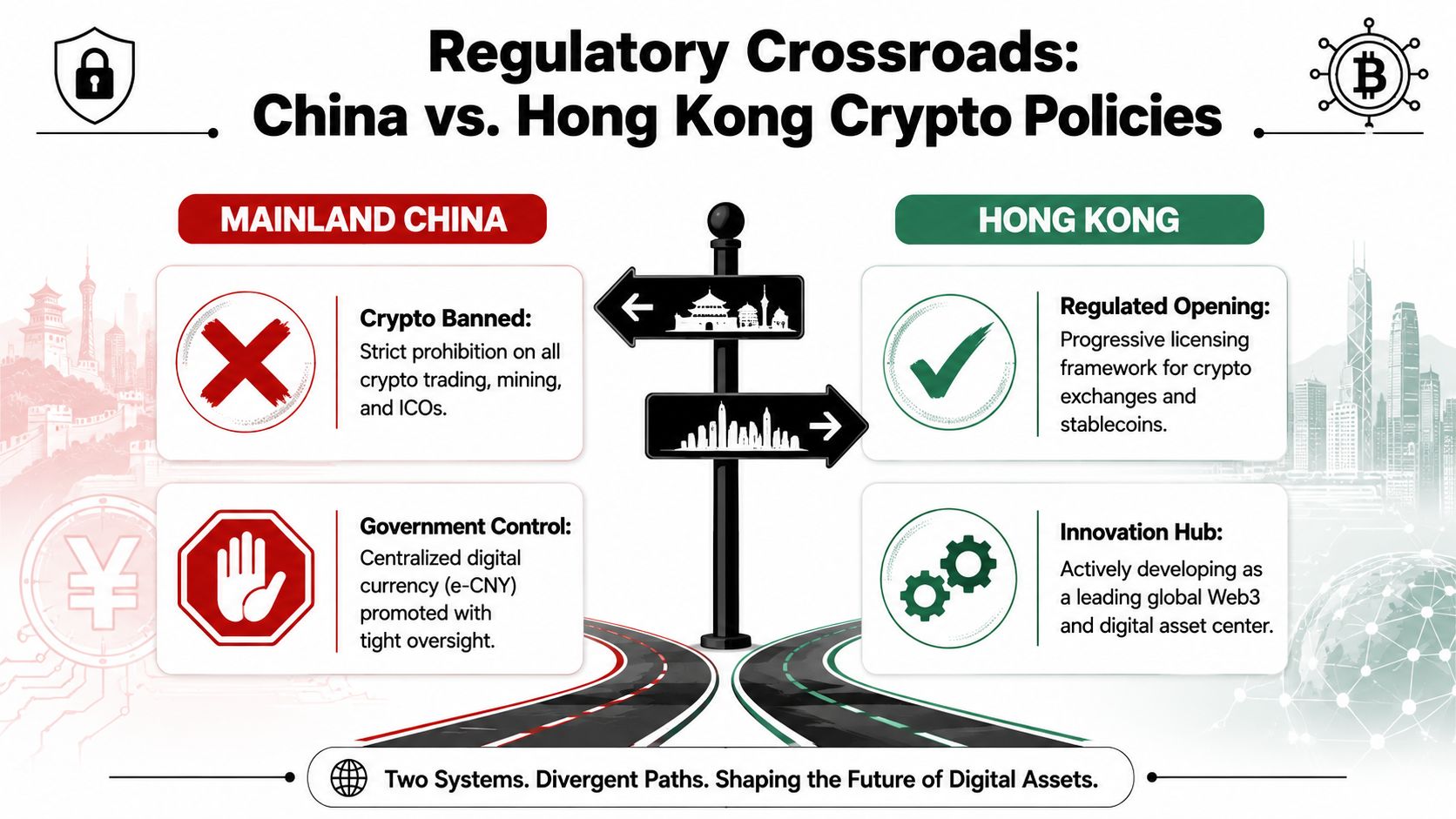 A comparative infographic showing the contrasting cryptocurrency policies between mainland China and Hong Kong.