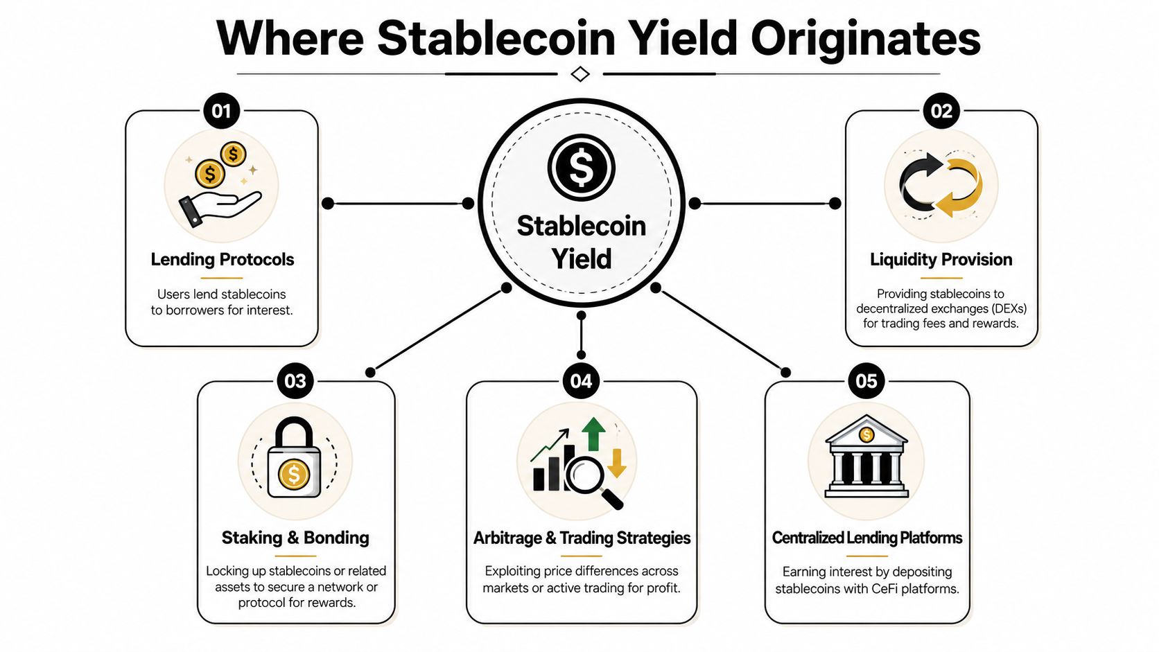 A diagram illustrating five different methods for generating yield from stablecoin assets in cryptocurrency markets.