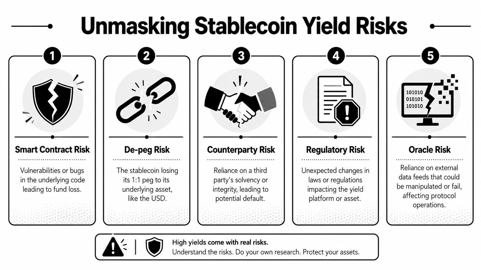 An infographic detailing five key risks associated with stablecoin yields, including smart contract, de-peg, and regulatory risks.