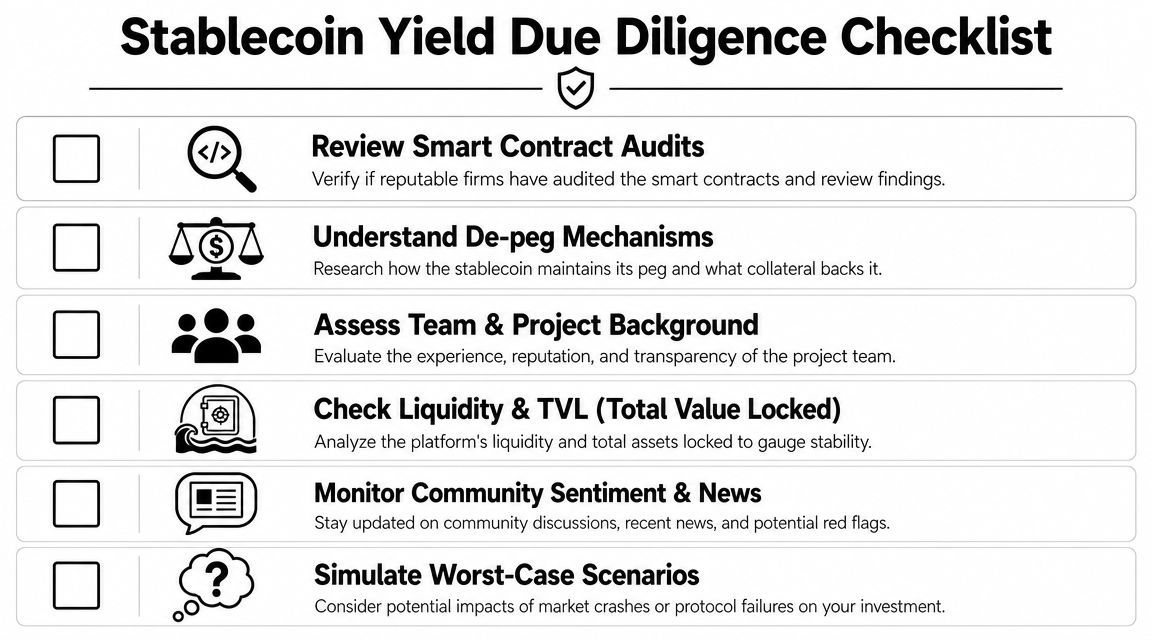 A checklist for performing due diligence on stablecoin yield investments, presented in a clean, professional graphic format.