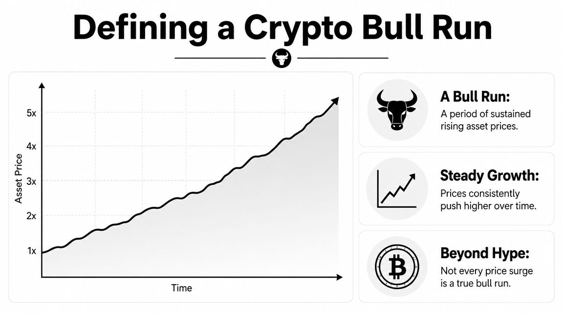 An infographic titled Defining a Crypto Bull Run showing a growth chart and key definitions.