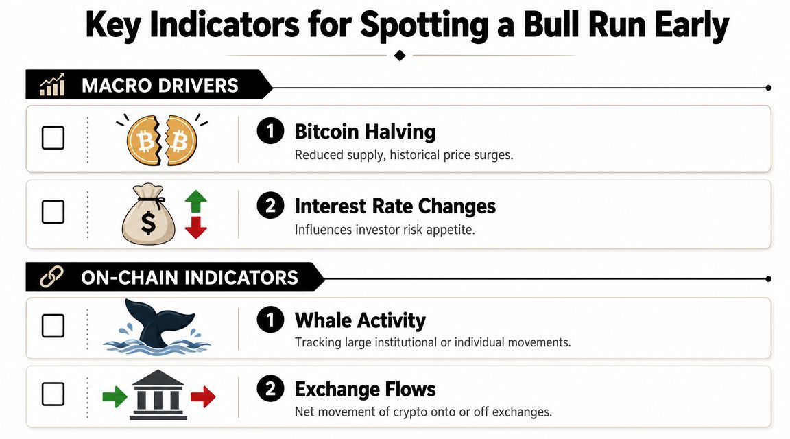 An infographic titled Key Indicators for Spotting a Bull Run Early, featuring macro drivers and on-chain indicators.