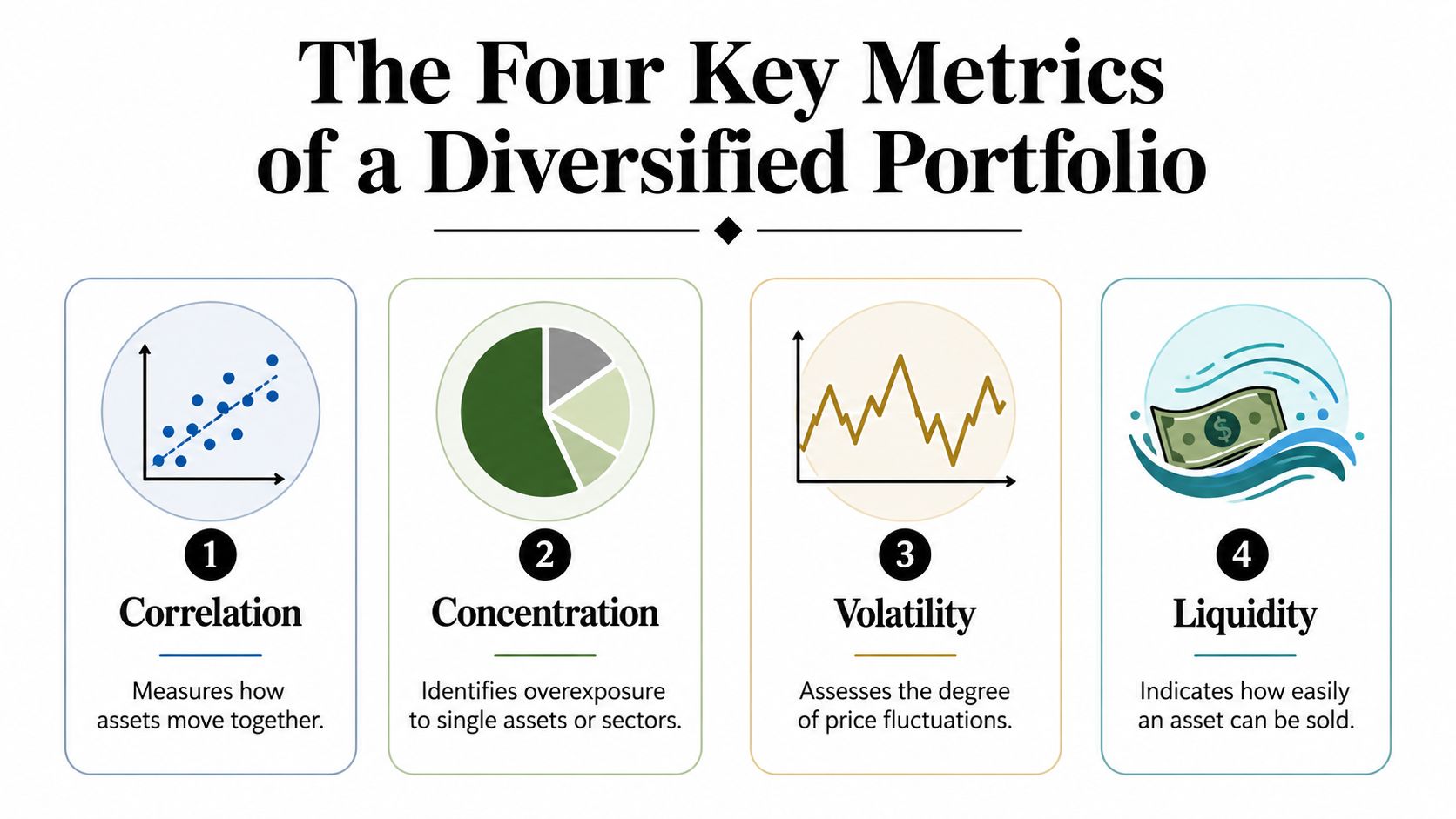 An infographic showing four key metrics for a diversified portfolio: correlation, concentration, volatility, and liquidity.