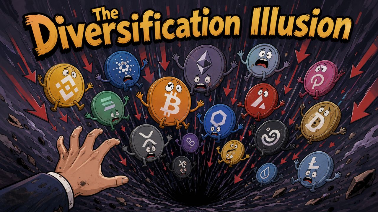 A hand reaches toward falling cartoon cryptocurrency coins sinking into a dark abyss, illustrating investment failure.