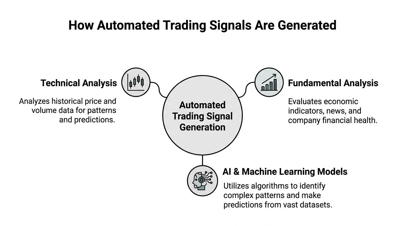 A diagram illustrating three core methods for generating automated trading signals: technical analysis, fundamental analysis, and AI models.
