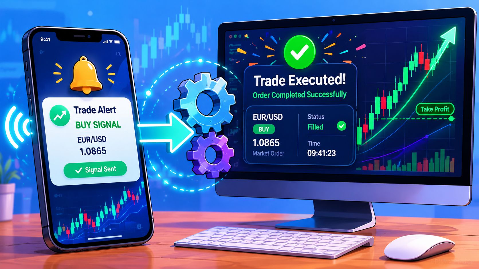 A smartphone sending automated trading signals to a computer screen showing a successful EUR/USD currency trade execution.