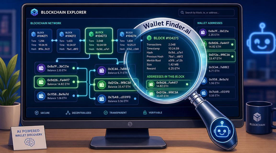 A digital display showing a blockchain explorer interface with magnifying glass highlighting transaction data for cryptocurrency wallets.