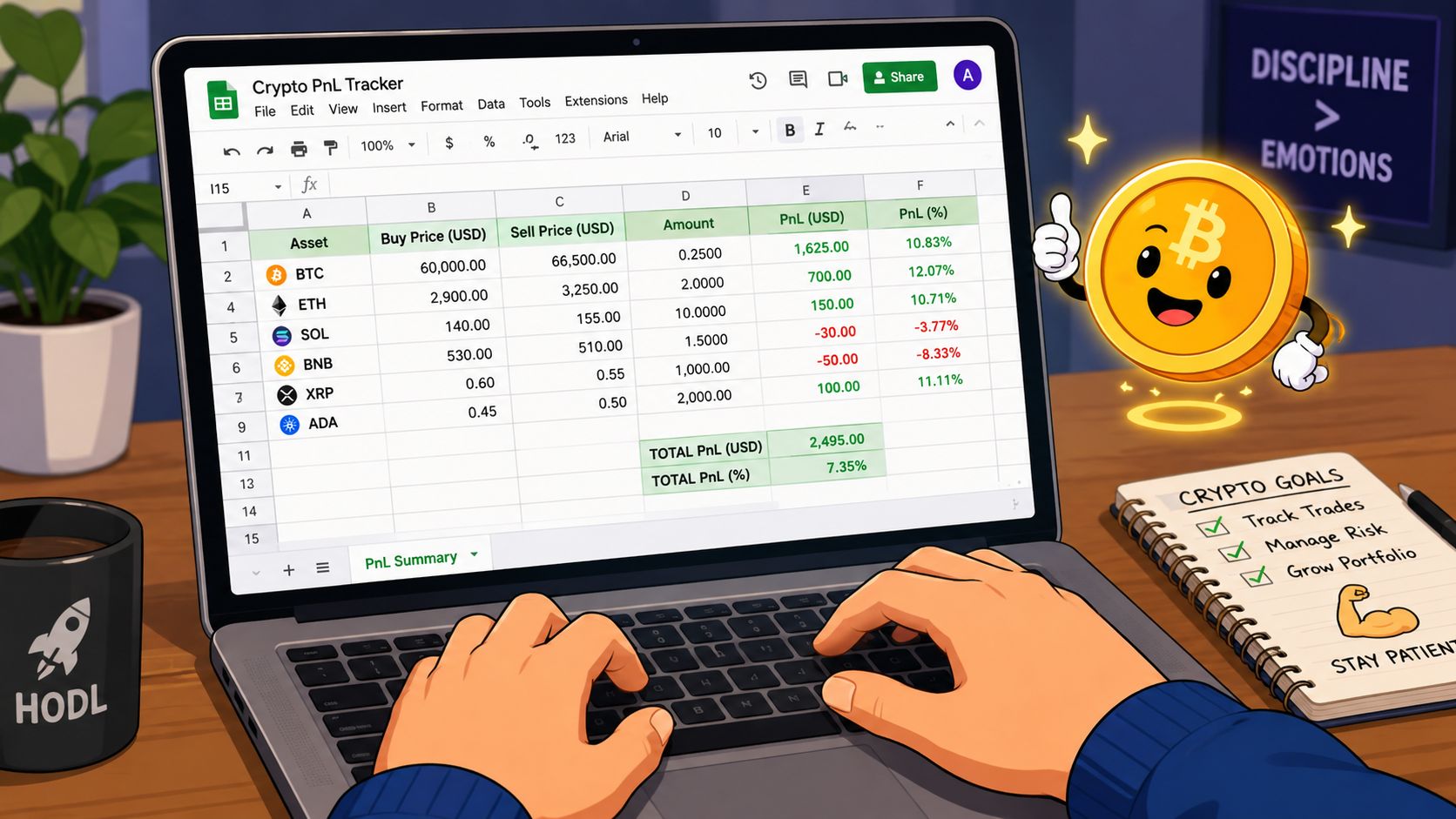 A person using a laptop to track cryptocurrency profit and loss on a digital spreadsheet application.