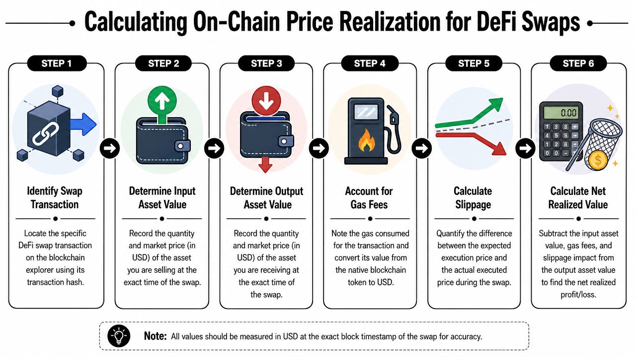A six-step infographic illustrating the process of calculating on-chain price realization for decentralized finance token swaps.