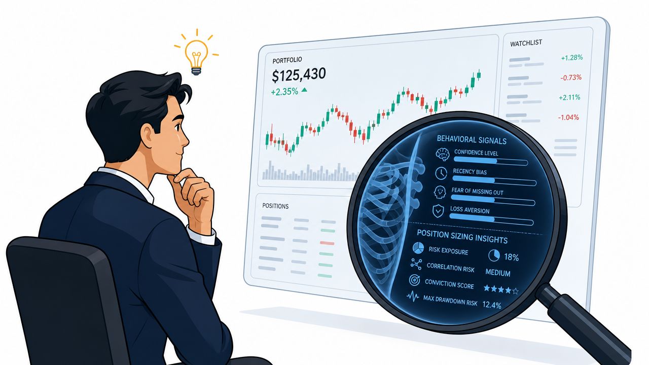 A professional trader analyzes behavioral signals and market insights using a digital dashboard and magnifying glass.