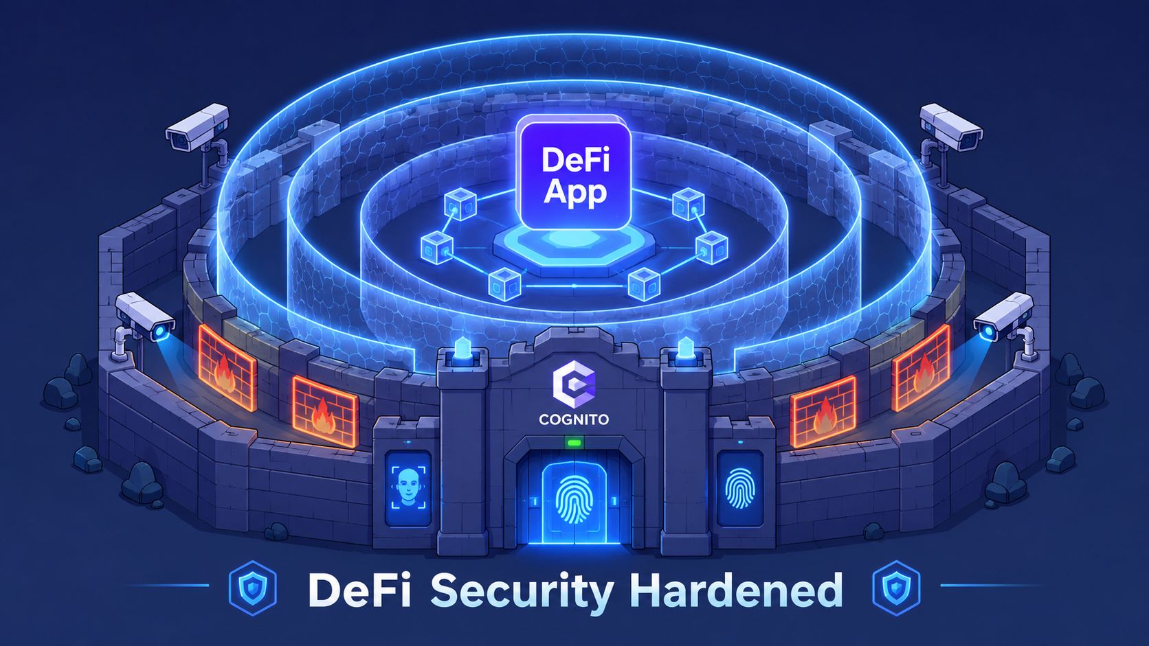 A digital illustration representing DeFi security, showing a protected digital fortress with authentication symbols like fingerprints and facial scanning.