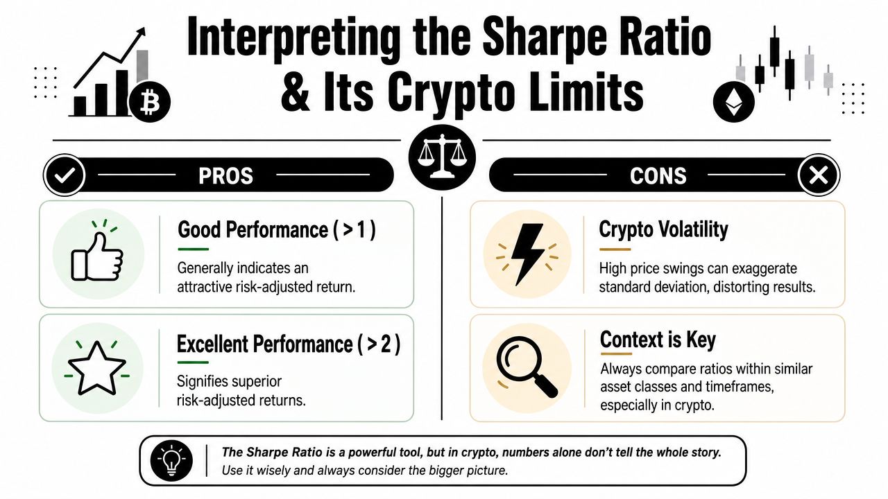 An infographic explaining the Sharpe ratio and its limitations when applied to cryptocurrency investments.