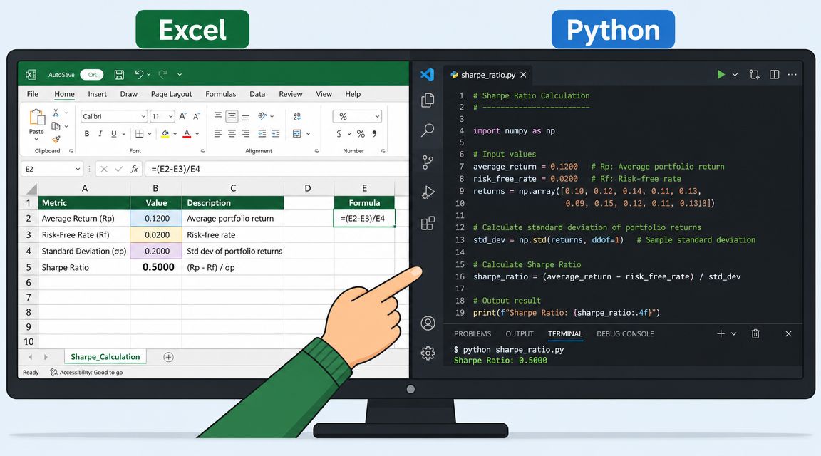 A split screen comparing a Sharpe Ratio calculation in an Excel spreadsheet and Python code.