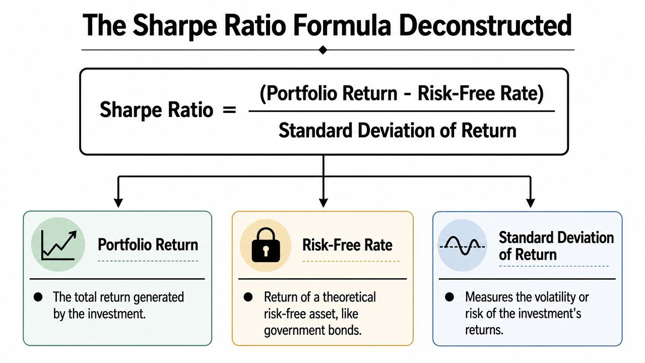 An infographic diagram explaining the components of the Sharpe Ratio formula for investment performance analysis.
