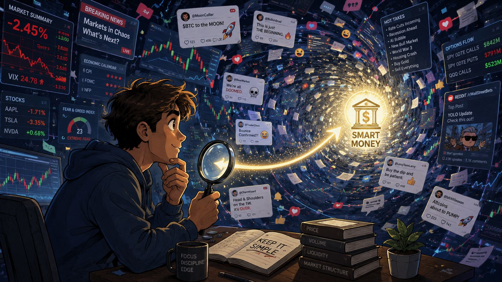 An illustration of a trader focusing through a magnifying glass at market information amidst social media chaos.