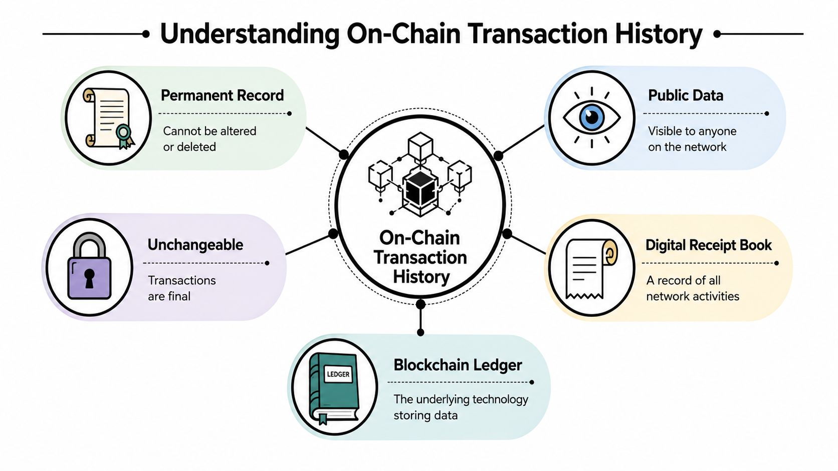 An infographic titled Understanding On-Chain Transaction History explaining key features of blockchain transaction records using simple icons.