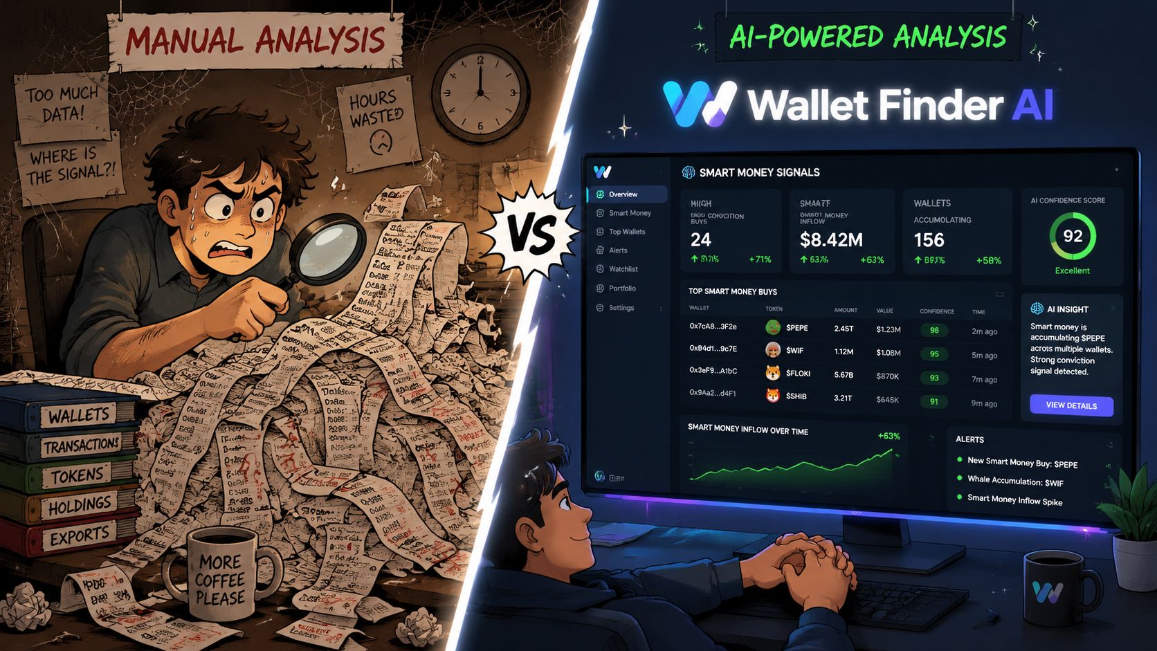 A comparison showing manual crypto transaction analysis versus an automated AI dashboard for smarter investment insights.