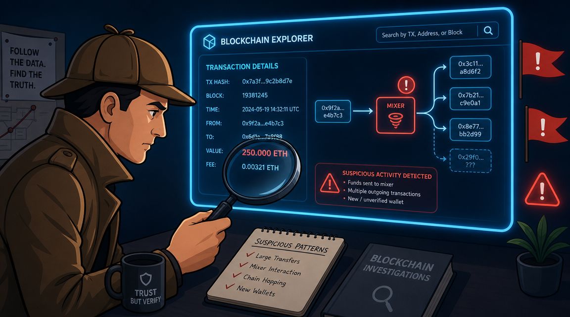 A detective examines blockchain transaction data on a glowing digital screen to investigate suspicious crypto activities.