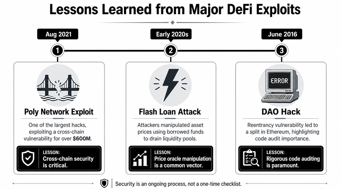 A timeline graphic outlining three major historical DeFi exploits and the security lessons learned from each.