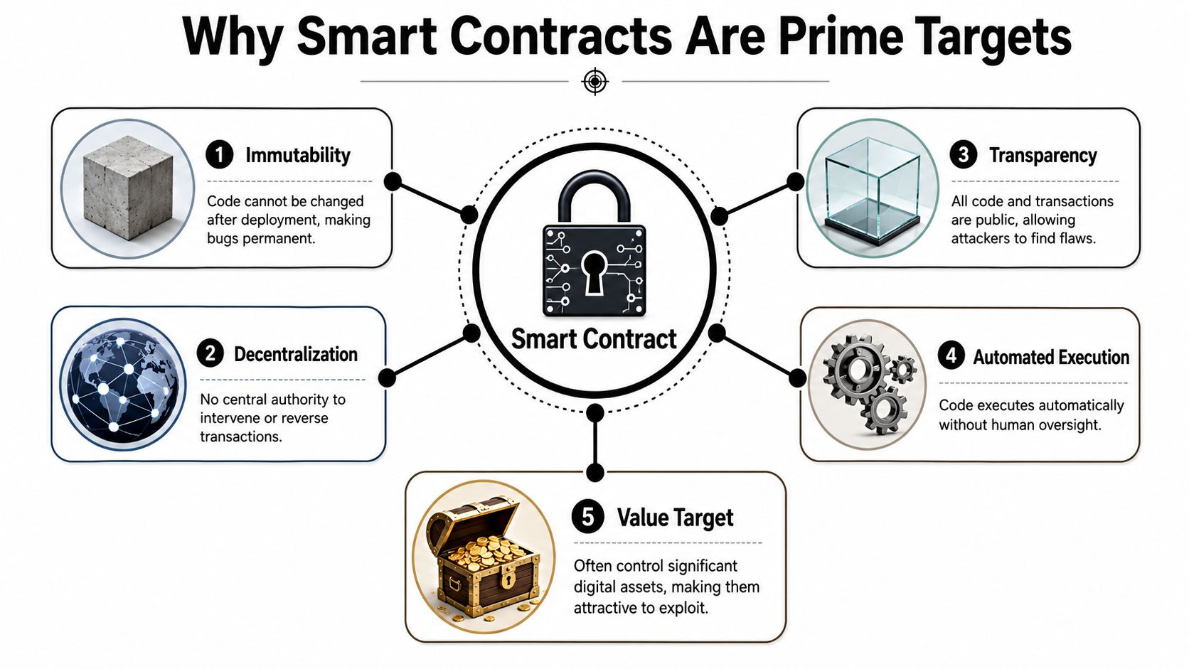 An infographic titled Why Smart Contracts Are Prime Targets explaining five security risks for blockchain technology.