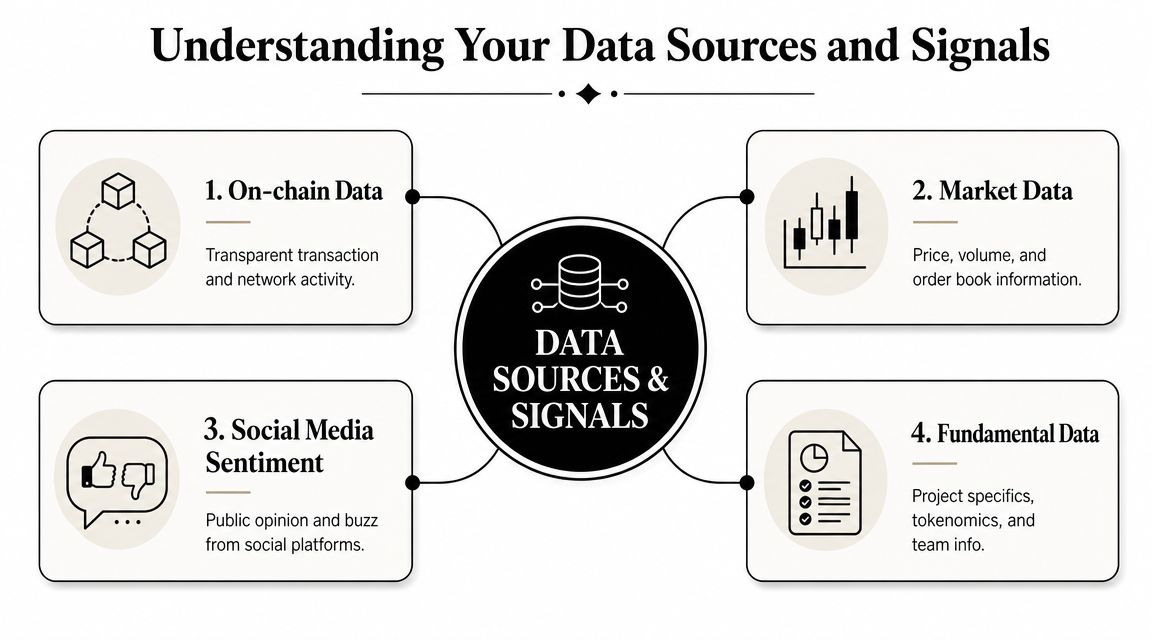 An infographic displaying four categories of crypto trading data: On-chain, Market, Social Media Sentiment, and Fundamental Data.