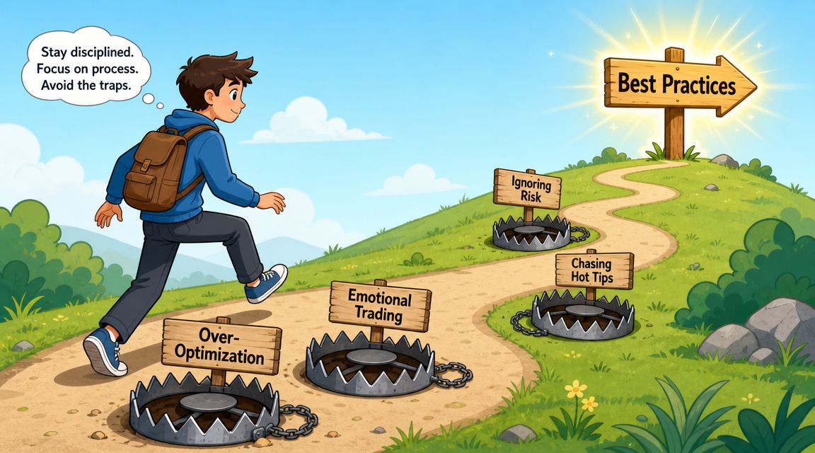 An illustrated character walking towards a sign labeled Best Practices while avoiding traps labeled with trading pitfalls.
