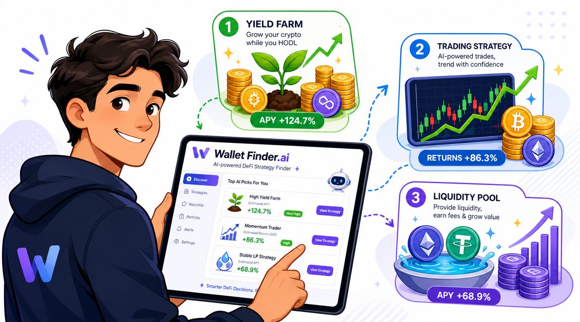 A young man holding a tablet showcasing the Wallet Finder AI platform with various financial investment strategies.