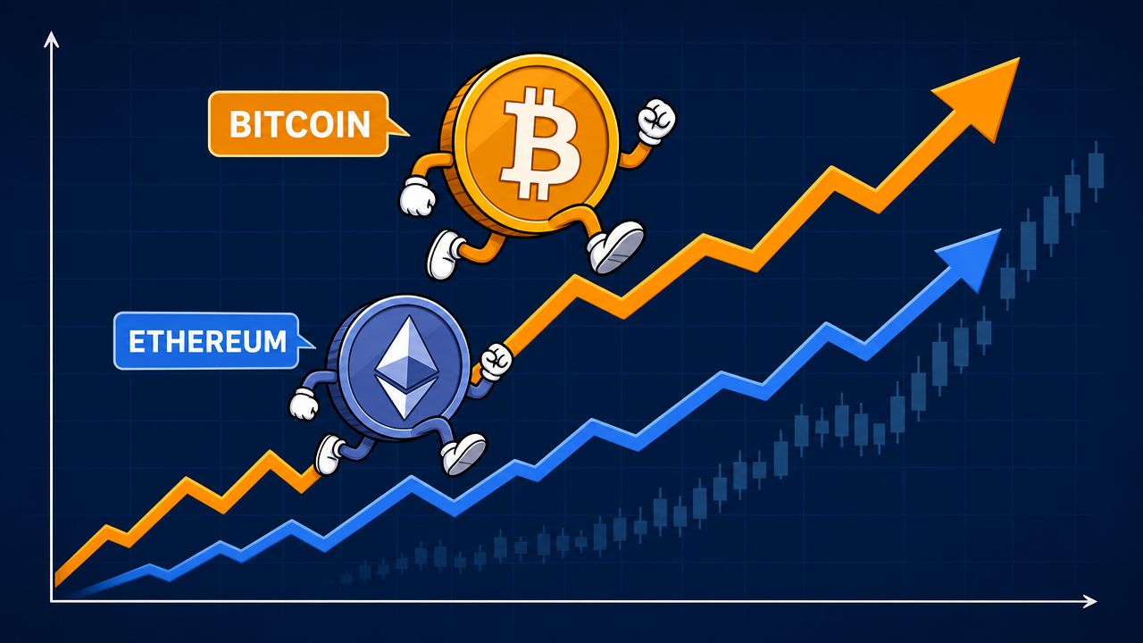 An illustration showing Bitcoin and Ethereum as cartoon coins running on upward trending market charts.