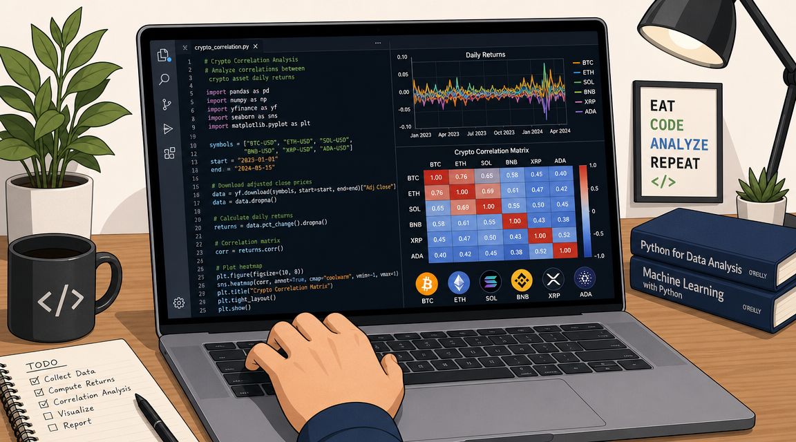 A person coding a cryptocurrency correlation analysis project on a laptop in a cozy office setting.