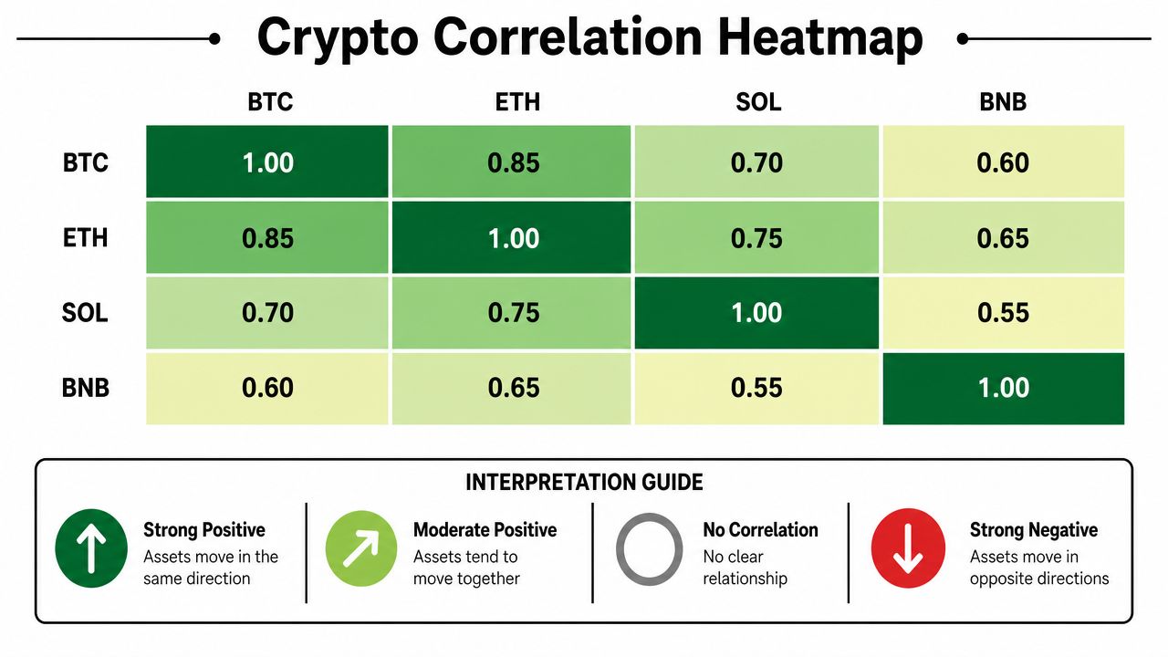 A crypto correlation heatmap displaying the relationships between BTC, ETH, SOL, and BNB assets with values.