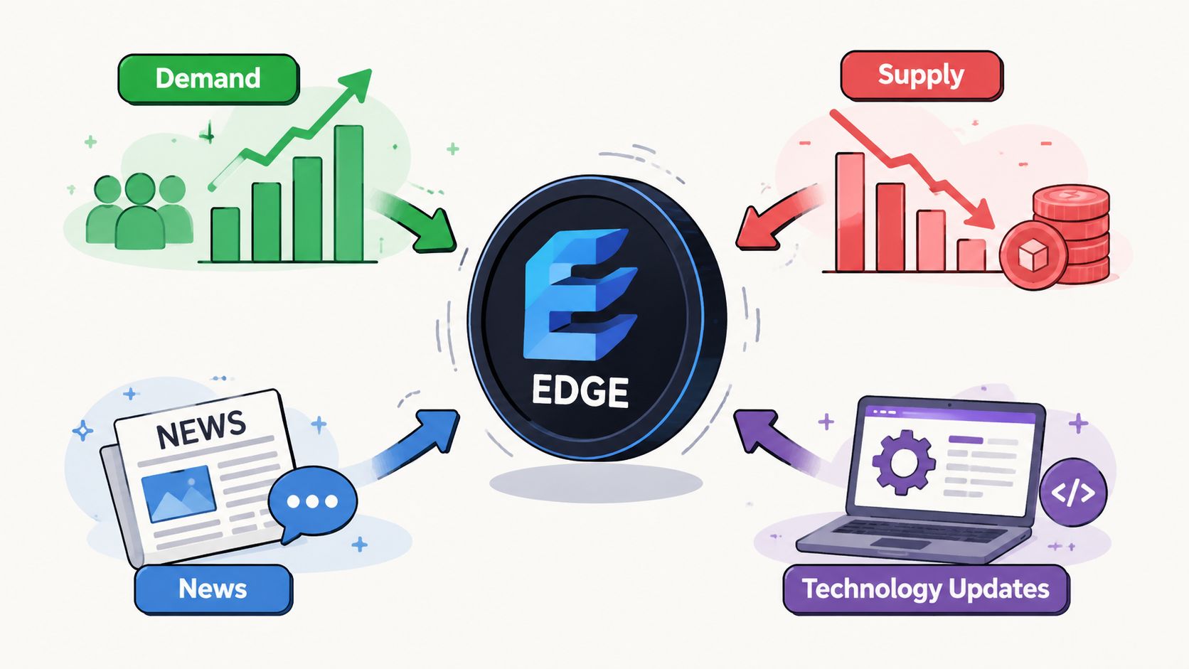 A diagram illustrating factors influencing the EDGE cryptocurrency price including demand, supply, news, and technology updates.